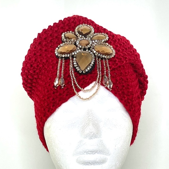 Ashro Accessories - Ashro Red Crochet Fortune Teller Style Beanie Jeweled Beaded Hat